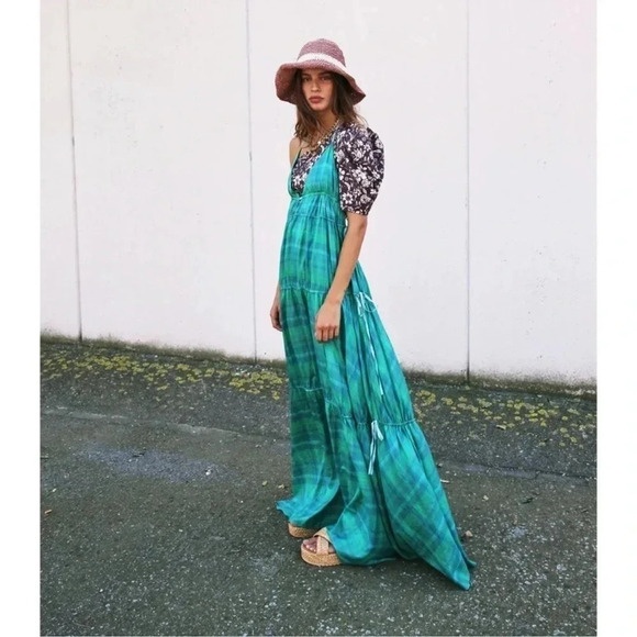 New Free People Marisol Tiered Silk Maxi Dress Summer Sun Boho Green Small - Picture 5 of 17
